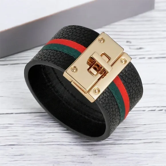 SUPER CHIC FAUX LEATHER CUFF BRACELET WITH DESIGNER INSPIRED STRIPES - Picture 2 of 6